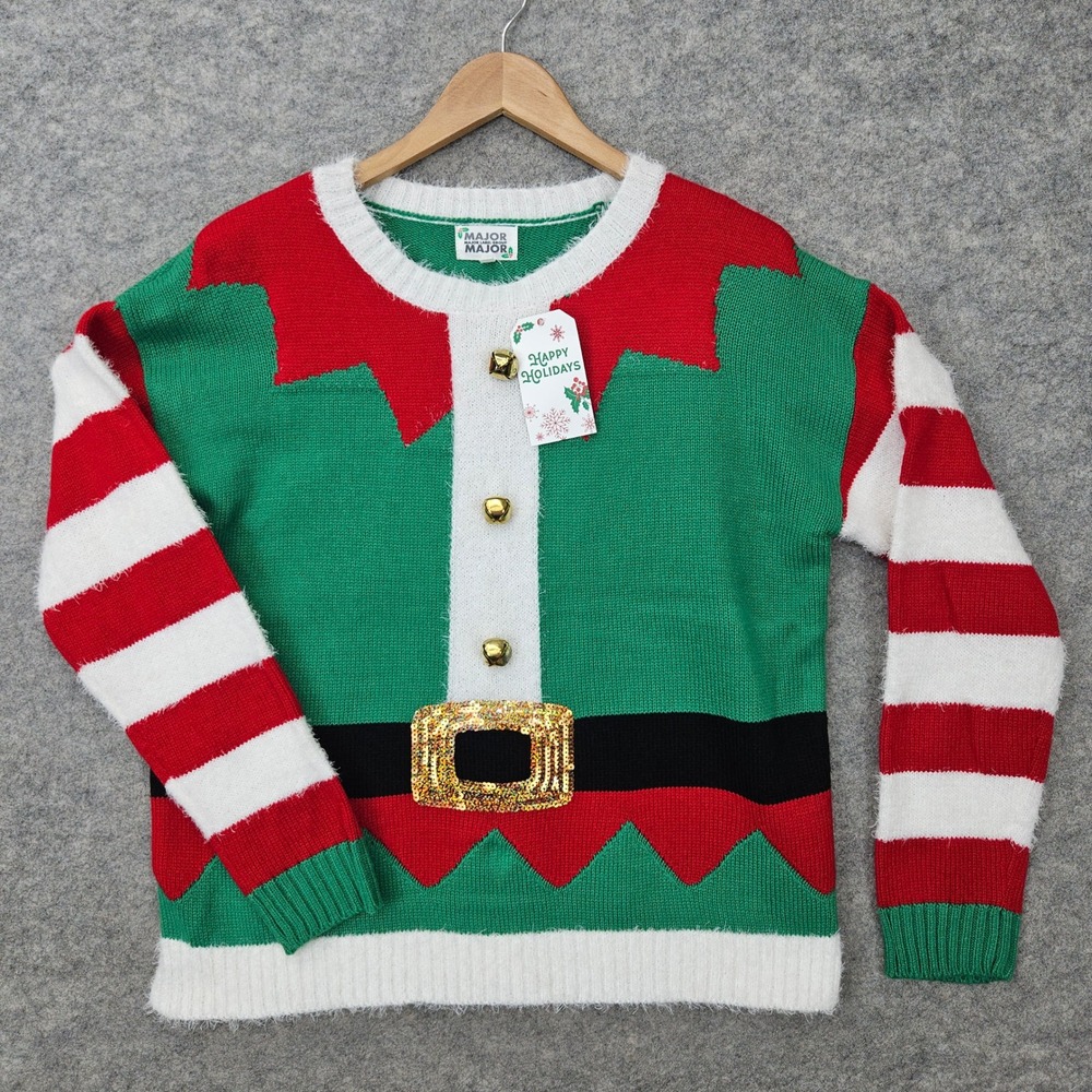 NEW Major Label Group Elf Ugly Christmas Sweater Medium Striped Jingle Bell NWT